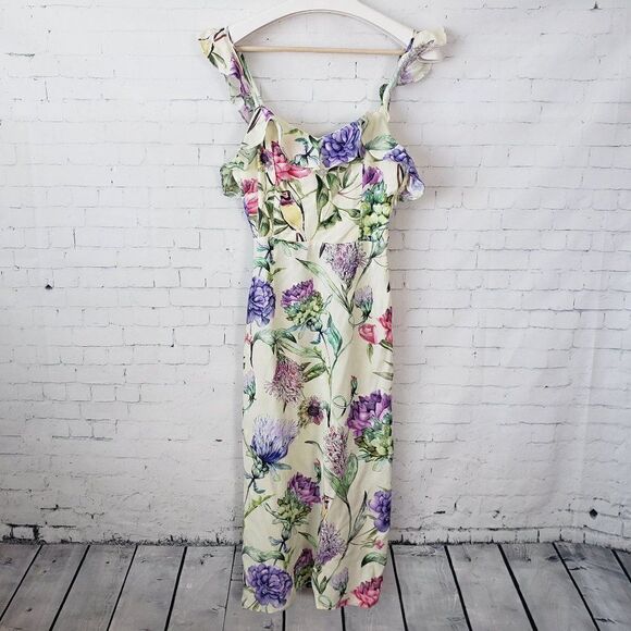H&M Dresses & Skirts - H&M Floral Bird Print Midi Sun Dress Open Back Size 4 NEW Yellow Ruffle Strap
